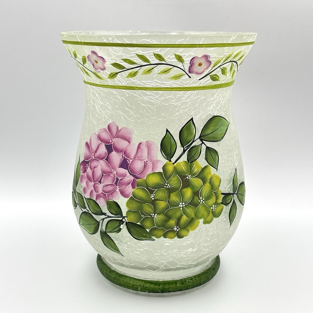 Valerie Parr Hill Purple Hydrangea Crackle Glass Hurricane Vase 7.875" Floral